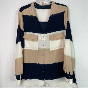 Philosophy Colorblock Button Down Top Career Beige